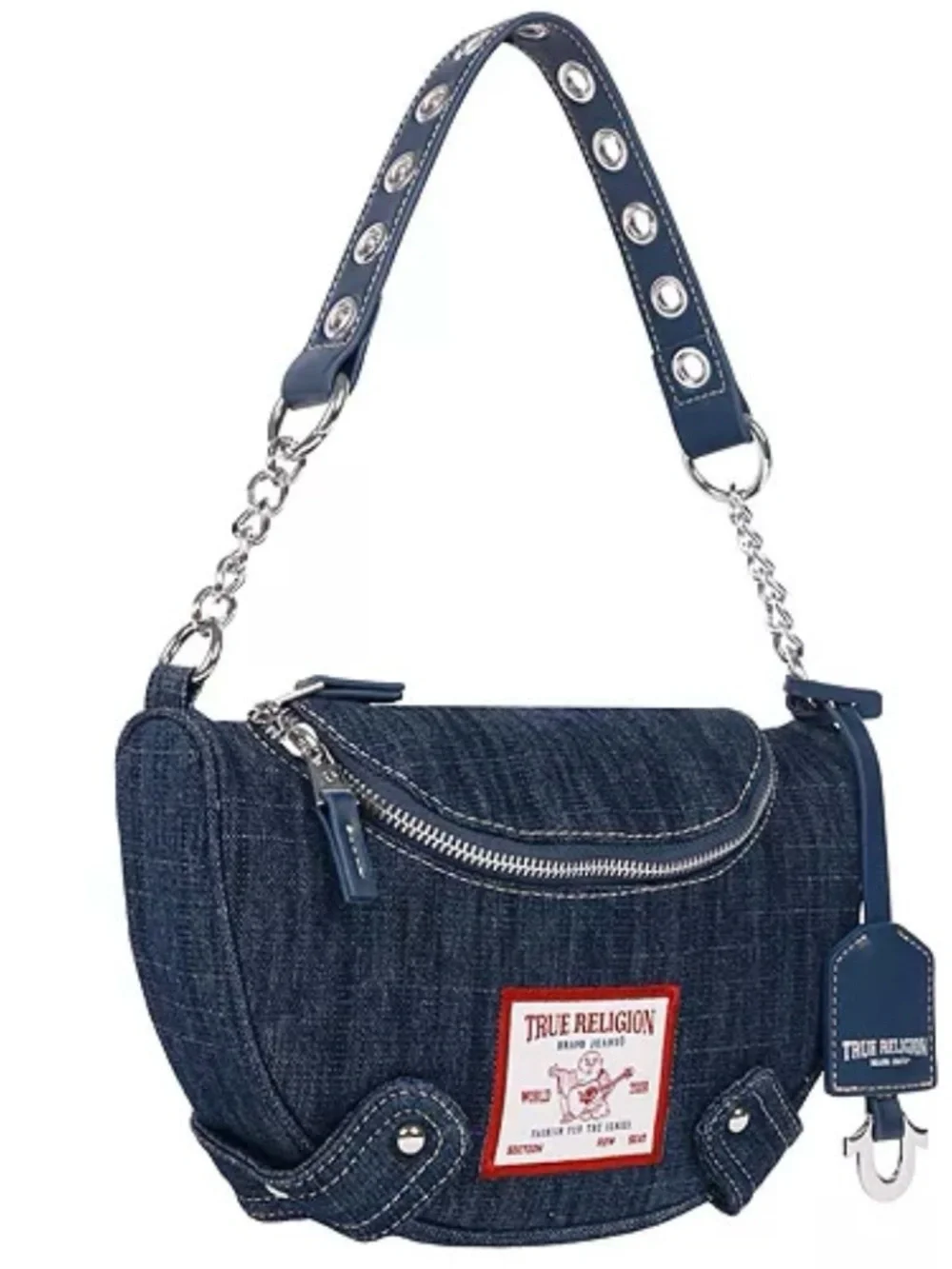 True Religion Denim Classic Logo Grommet Chain Strap Hobo Handbag